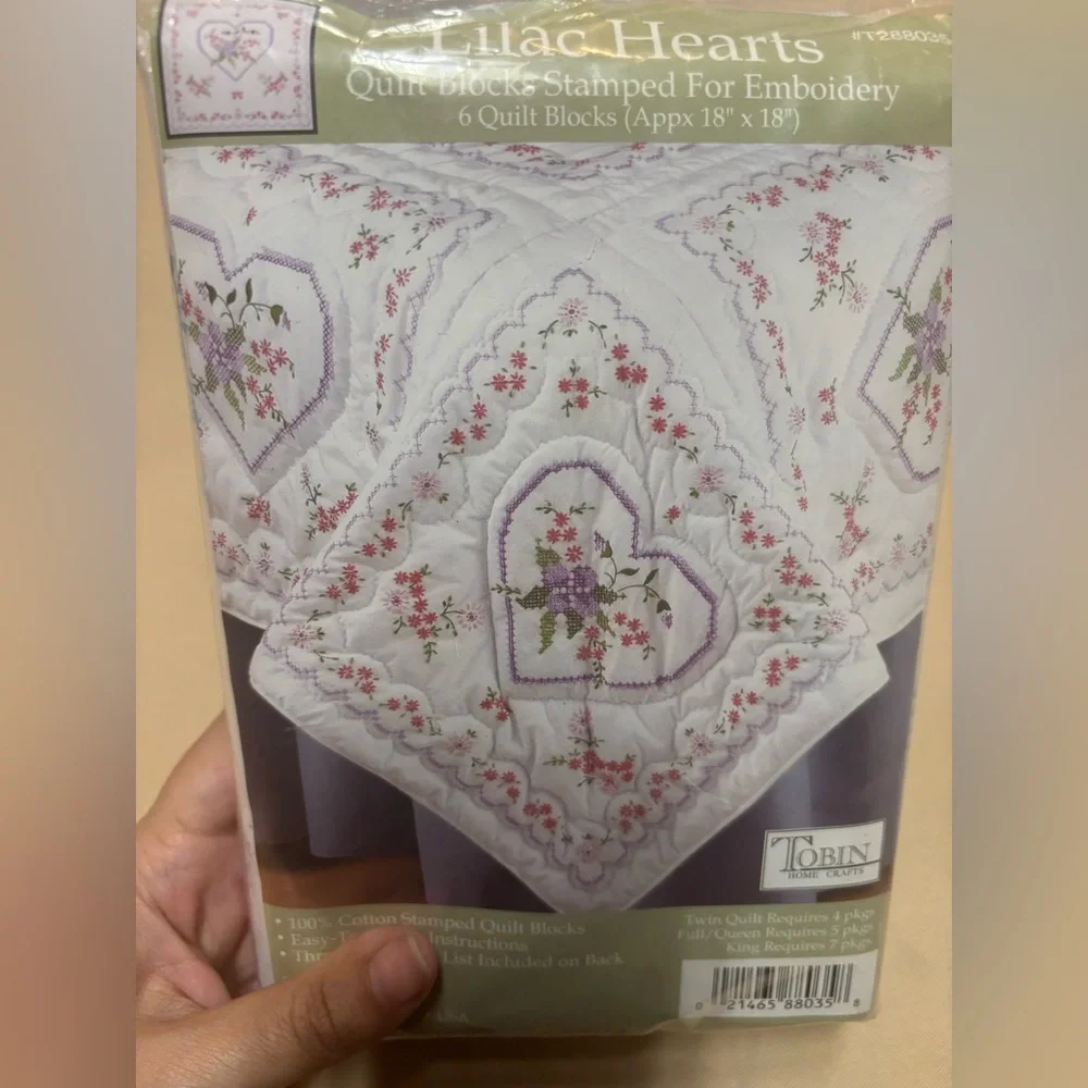 NEW‎ TOBIN STAMPED FOR EMBROIDERY LILAC HEARTS QUILT BLOCKS